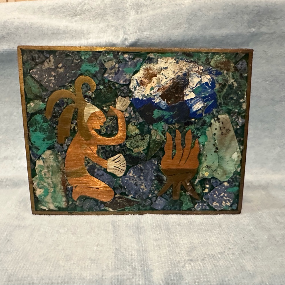 Vintage Tribal Mexican Hinged Cigarette Box Mixed Metal and Precious Stone Inlay